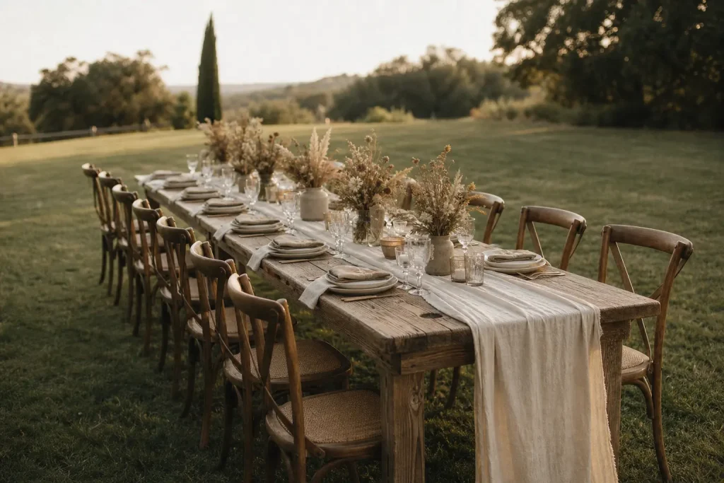 長いテーブルを囲む少人数の結婚式の会食風景