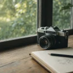 窓辺に置かれたフィルムカメラの静物