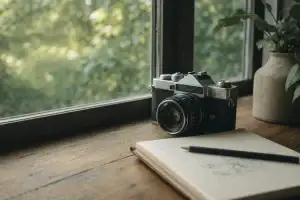 窓辺に置かれたフィルムカメラの静物