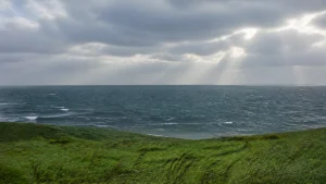 低い雲の切れ間から光の筋が射す、風のある日本海と海辺の草地