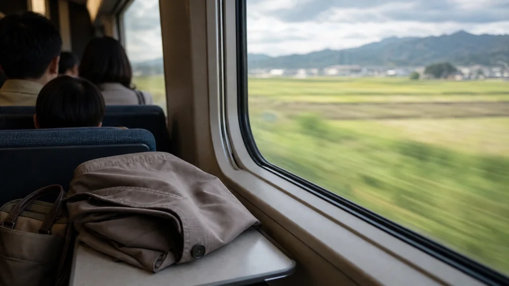 列車の窓際の席から見た、流れる田園と遠くの山並み