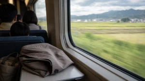 列車の窓際の席から見た、流れる田園と遠くの山並み
