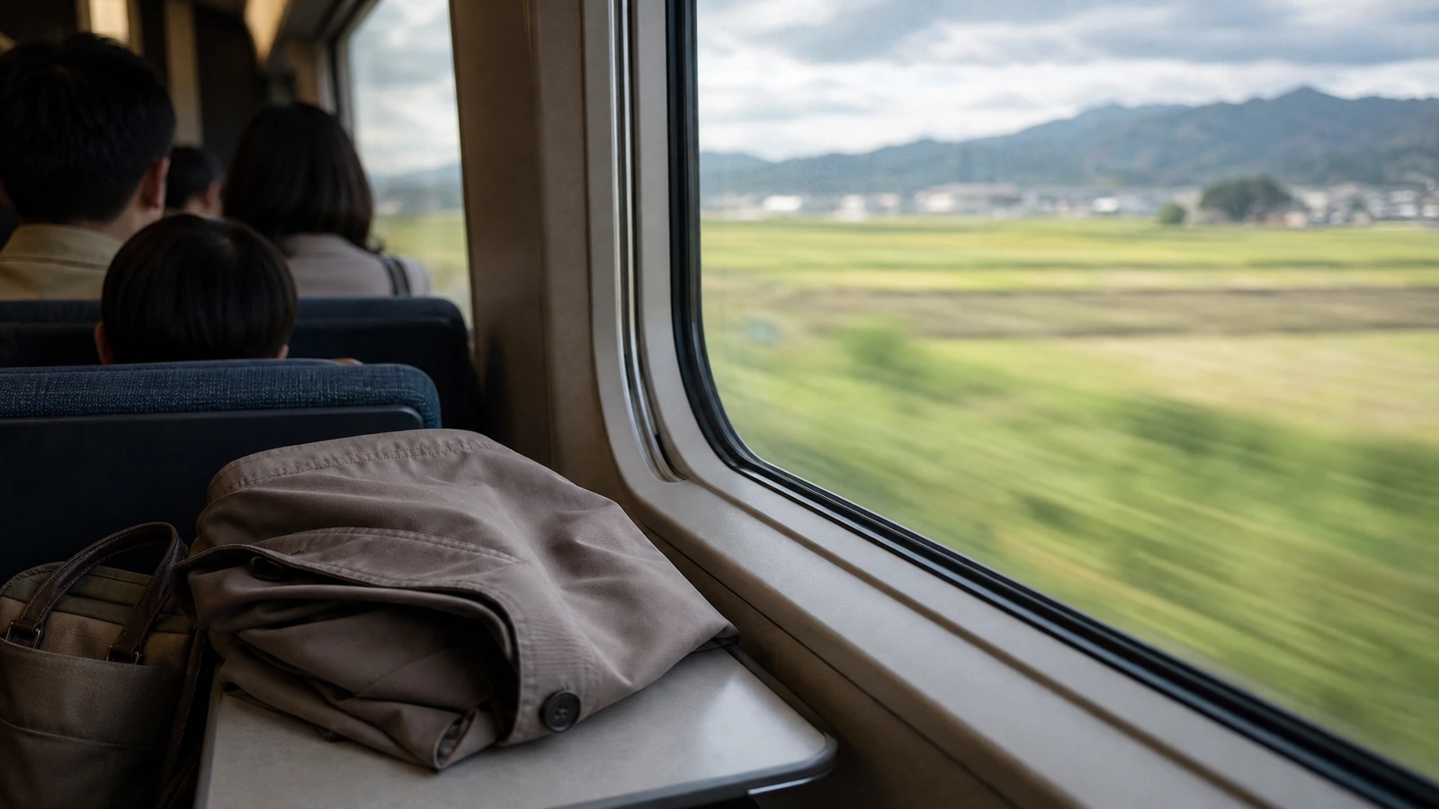 列車の窓際の席から見た、流れる田園と遠くの山並み