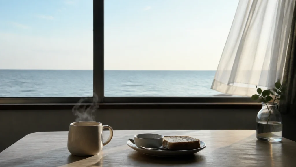 窓の外に海が広がる部屋の、朝の食卓とコーヒーの湯気