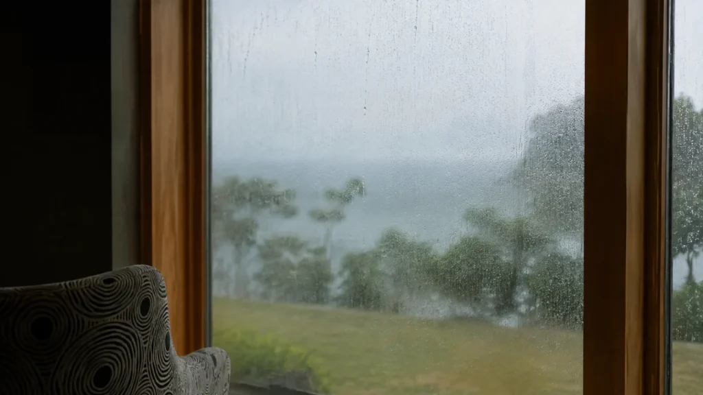 雨の日の窓辺から見た庭と海