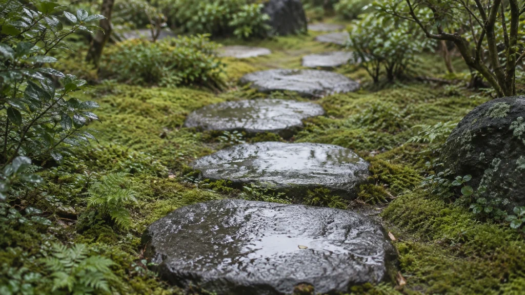 雨上がりの苔庭に続く飛び石