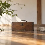 板の間に置かれた、花のバケツと道具箱と布巻きの包み