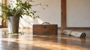 板の間に置かれた、花のバケツと道具箱と布巻きの包み